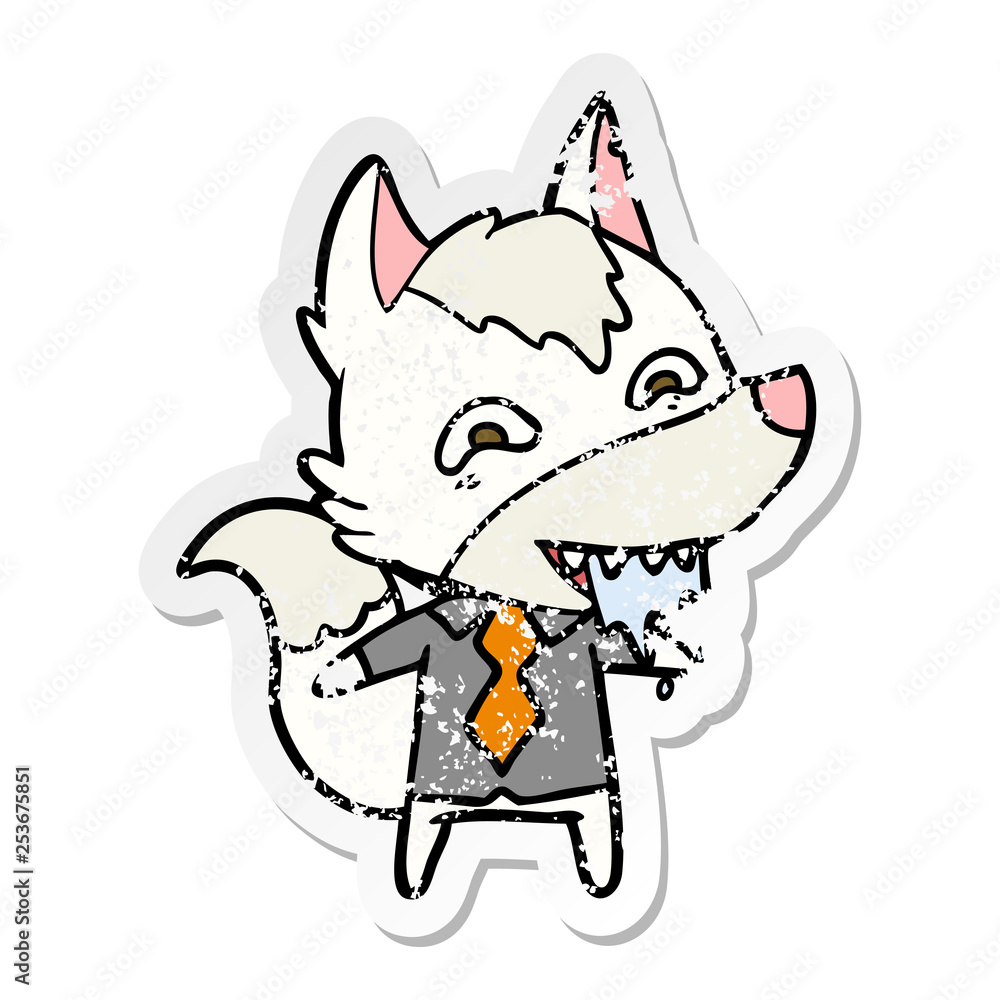 Cartoon wolf in a suit and tie, grinning with sharp teeth, distressed sticker style.