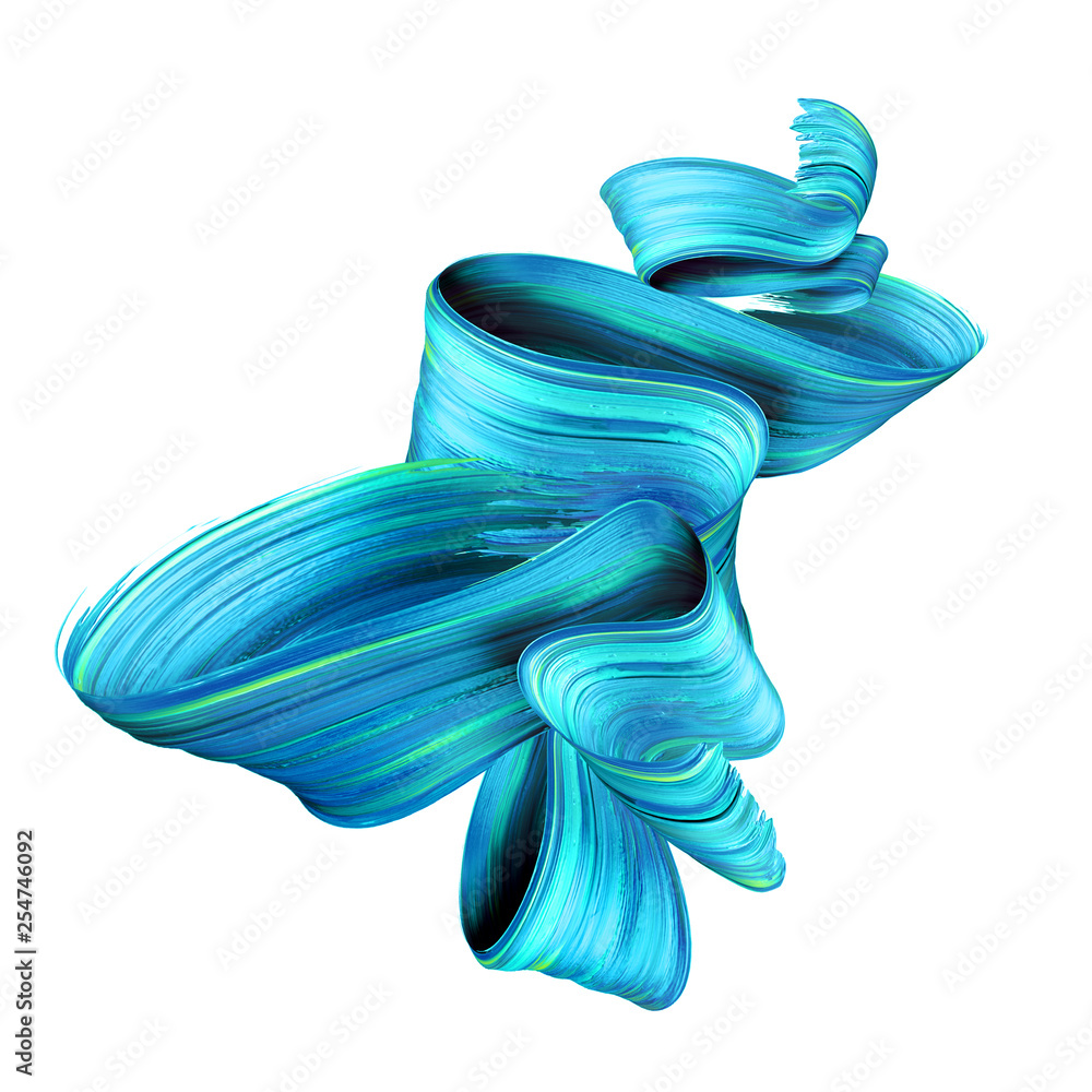Abstract 3D blue and turquoise paint swirl with green highlights on white background.