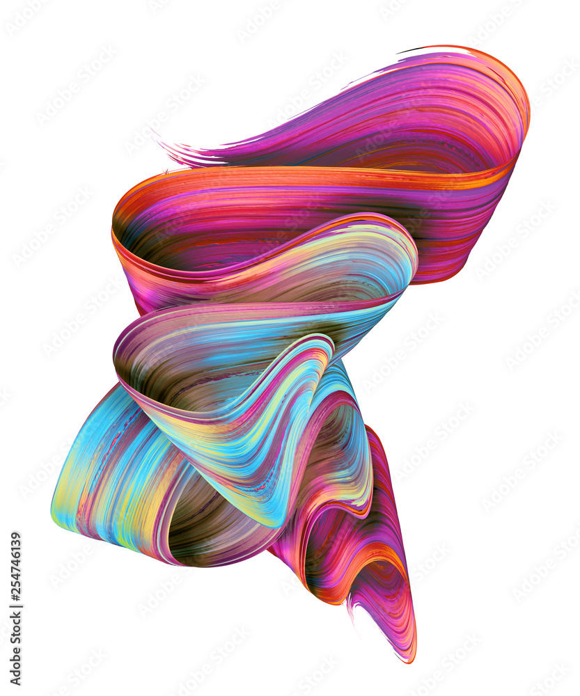 Vibrant multicolored abstract paint swirl with dynamic ribbon-like motion on white background.