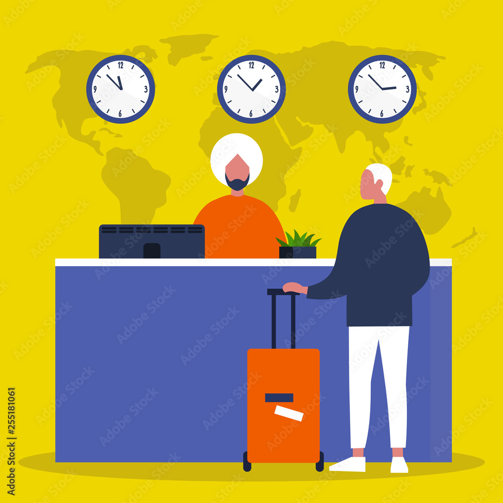 Traveler checking in at hotel reception with luggage; world map and time zones in background.