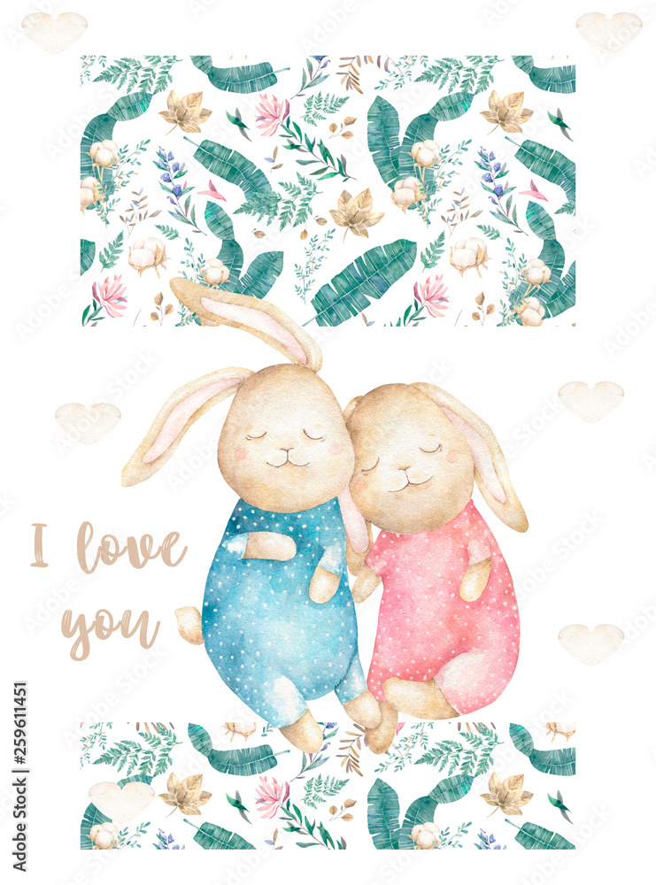 Cute Watercolor Bunny Couple Illustration - Love & Spring Design