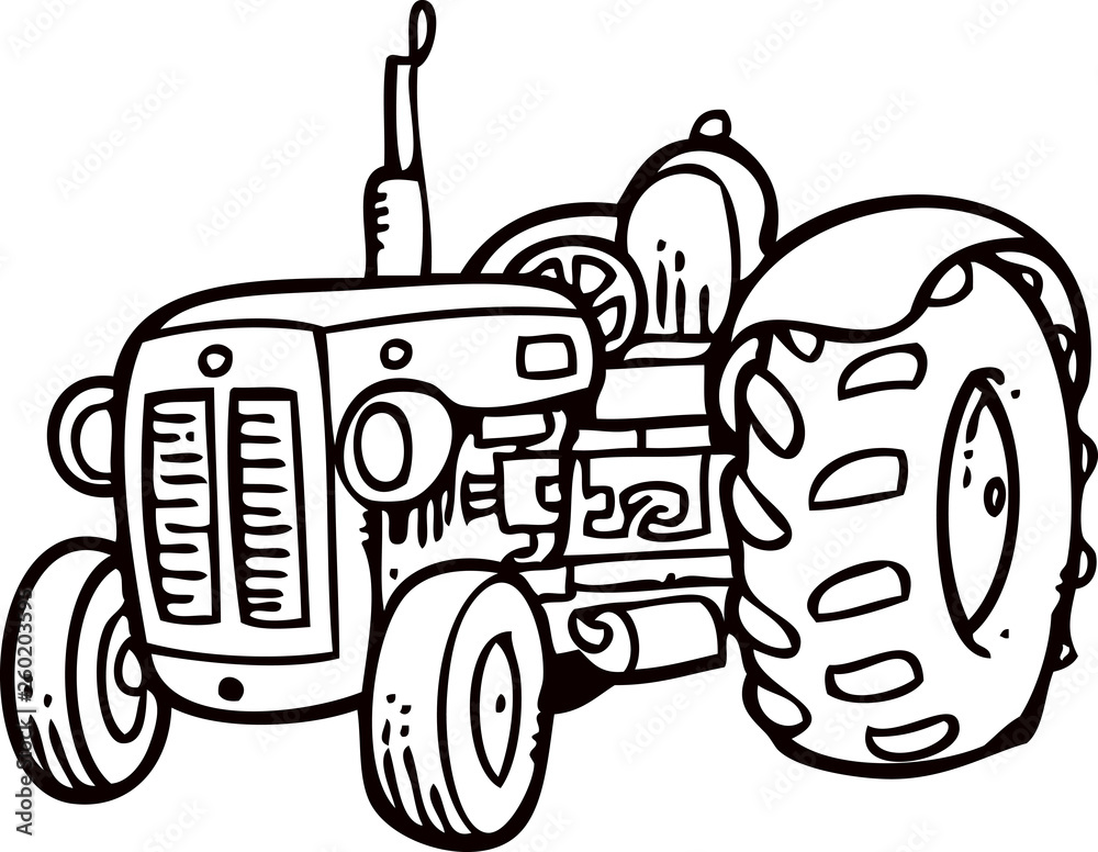 Black-and-white cartoon-style illustration of a vintage farm tractor with large rear wheels and classic grille design.