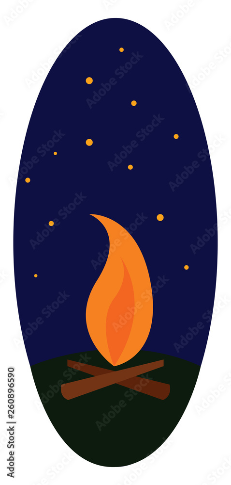A stylized campfire with orange flames and crossed logs under a starry night sky in an oval frame.