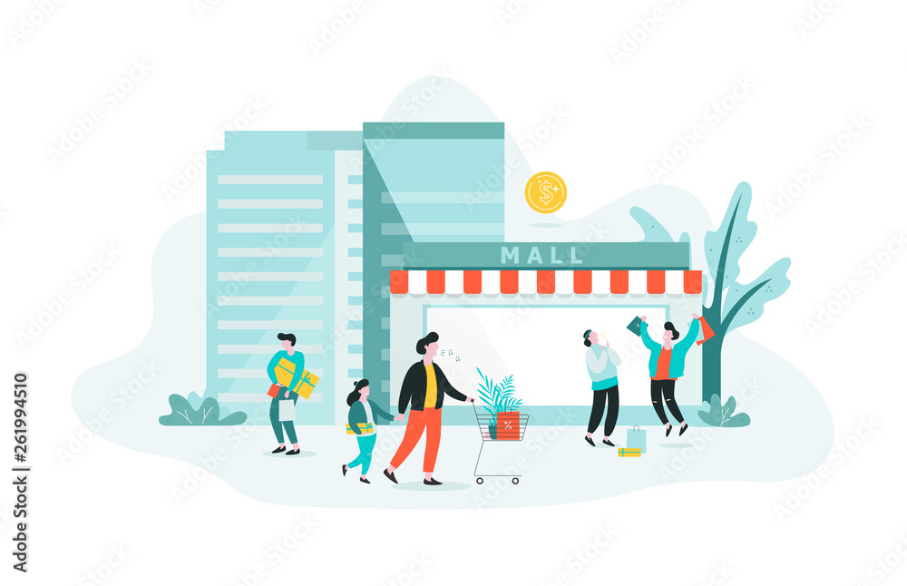 People shopping outside a modern mall with bags, carts, and joyful expressions under a sunny sky.