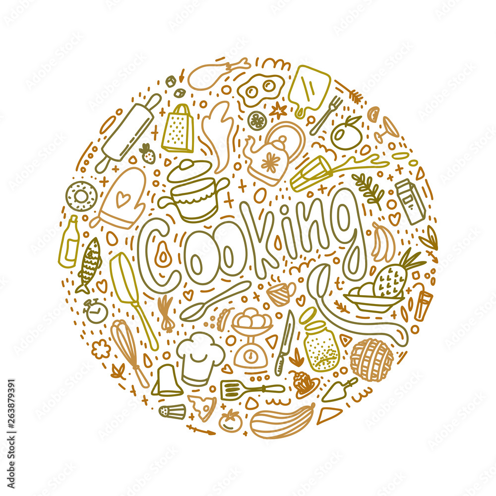 Circular hand-drawn illustration featuring the word "Cooking" surrounded by kitchen tools, ingredients, and food items in warm earthy tones.