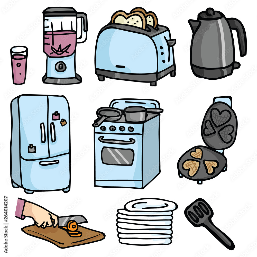 Hand-drawn kitchen appliances and tools including blender, toaster, kettle, fridge, oven, waffle maker, cutting board, plates, and spatula.