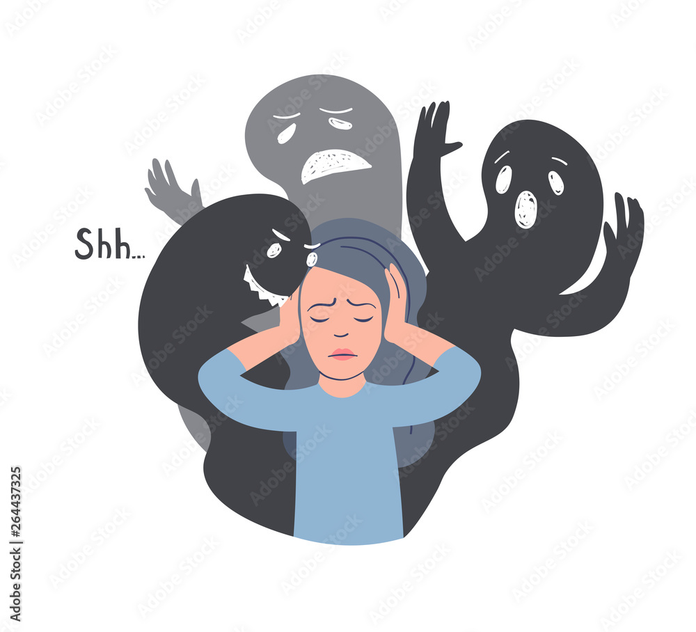 A distressed person covering ears while shadowy negative figures whisper and shout around them, illustrating internal anxiety or self-doubt.