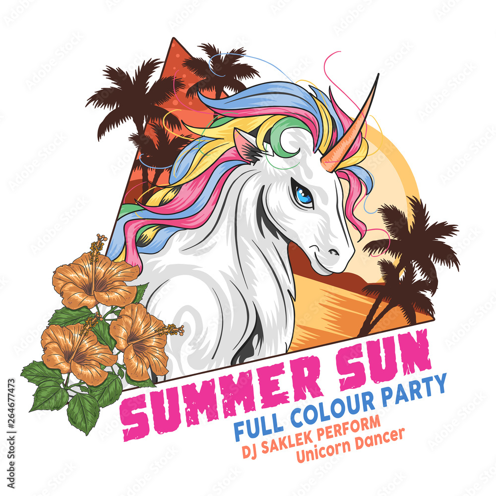 Vibrant unicorn with rainbow mane at tropical sunset, surrounded by hibiscus and palm trees for a Summer Sun party poster.