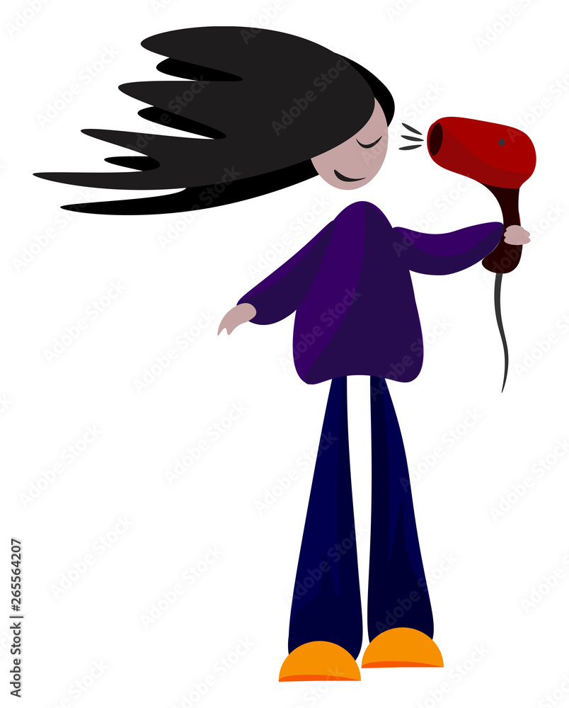 A cartoon woman with long black hair drying it with a red hairdryer, smiling peacefully.
