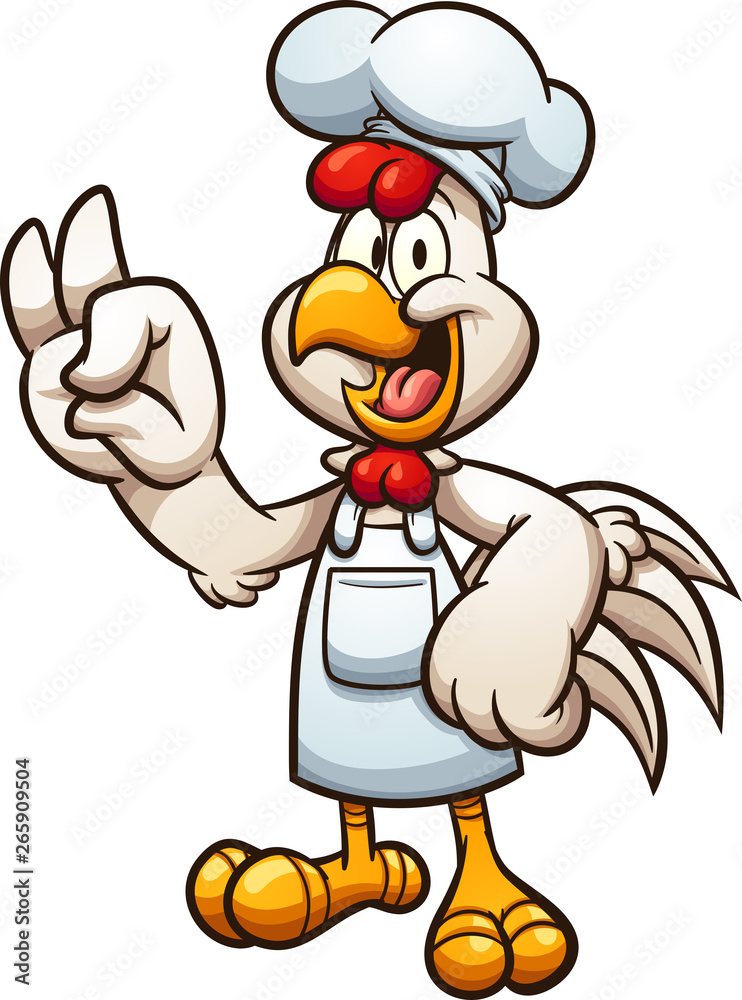Cheerful cartoon chicken chef wearing a white hat and apron, pointing upward with a joyful expression.