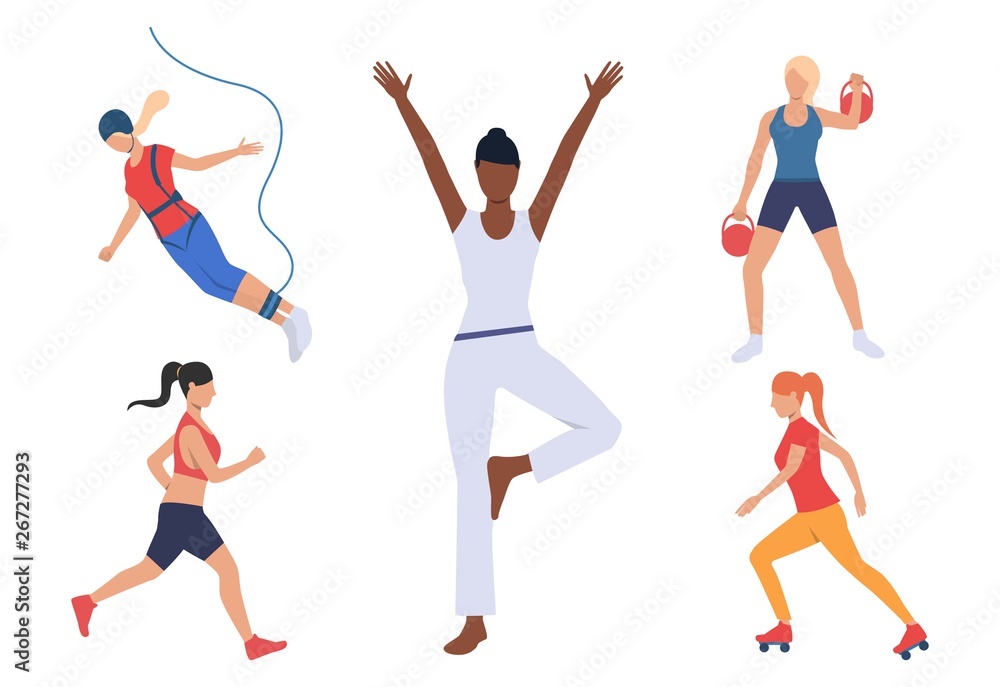 Six diverse women engaging in fitness activities: jump roping, yoga, kettlebell swings, running, and rollerblading.