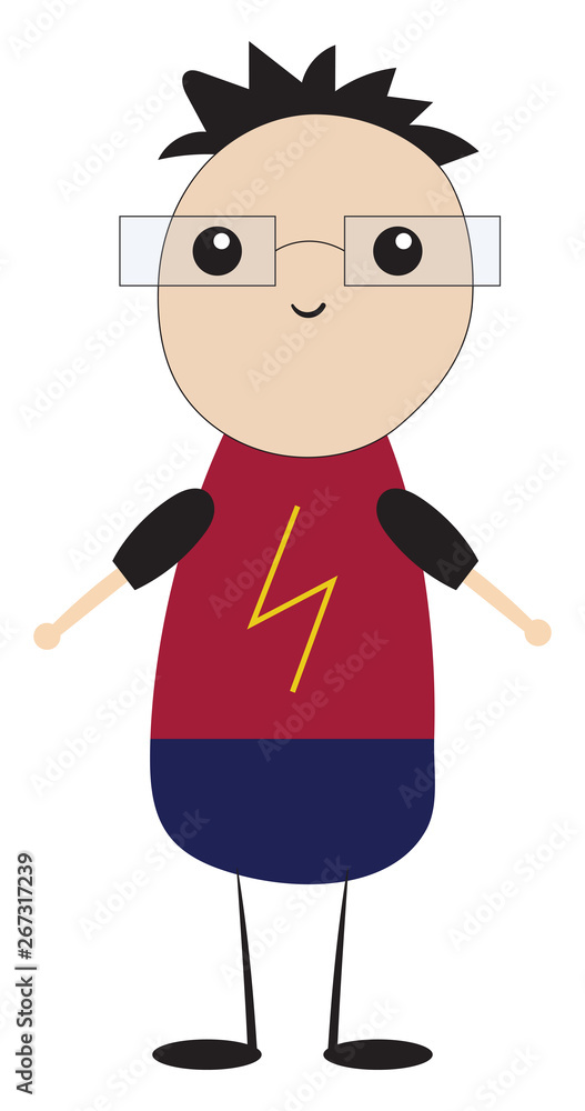 Cartoon boy with spiky black hair, glasses, red shirt with yellow lightning bolt, and blue shorts.