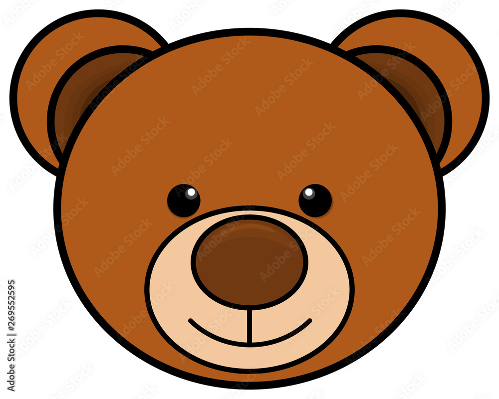 Friendly cartoon bear face with brown fur, round ears, black eyes, and a smiling snout.