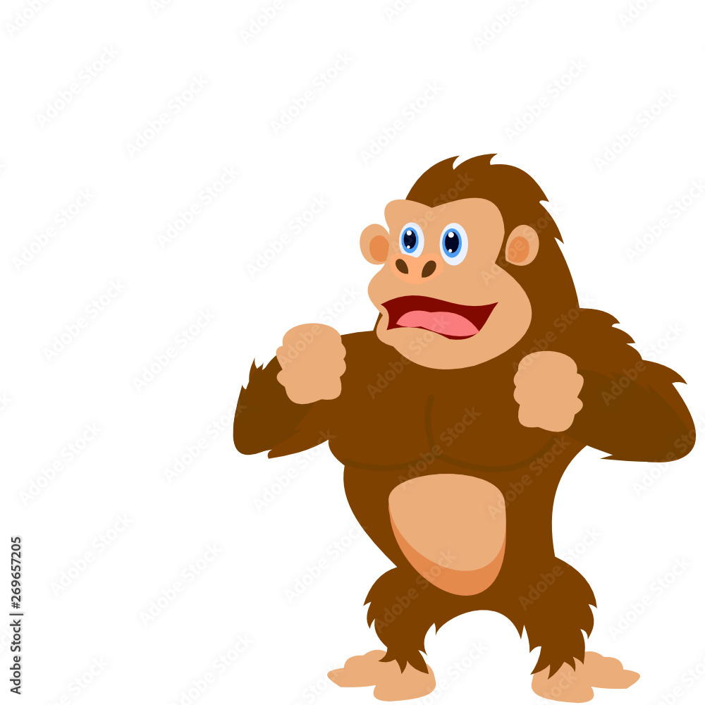 Cheerful cartoon gorilla standing upright with fists raised, big blue eyes and open smile, brown fur on white background.