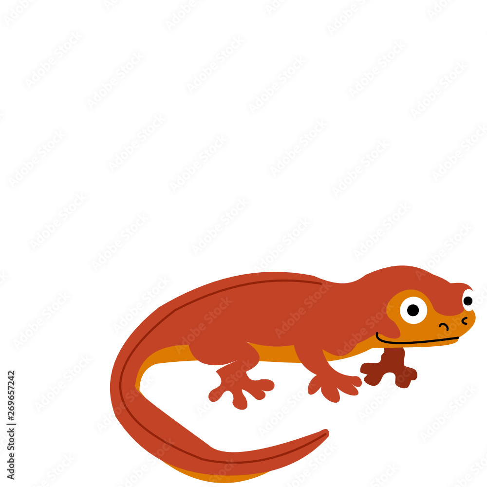 Friendly cartoon red gecko with big eyes and a smile, standing on white background.