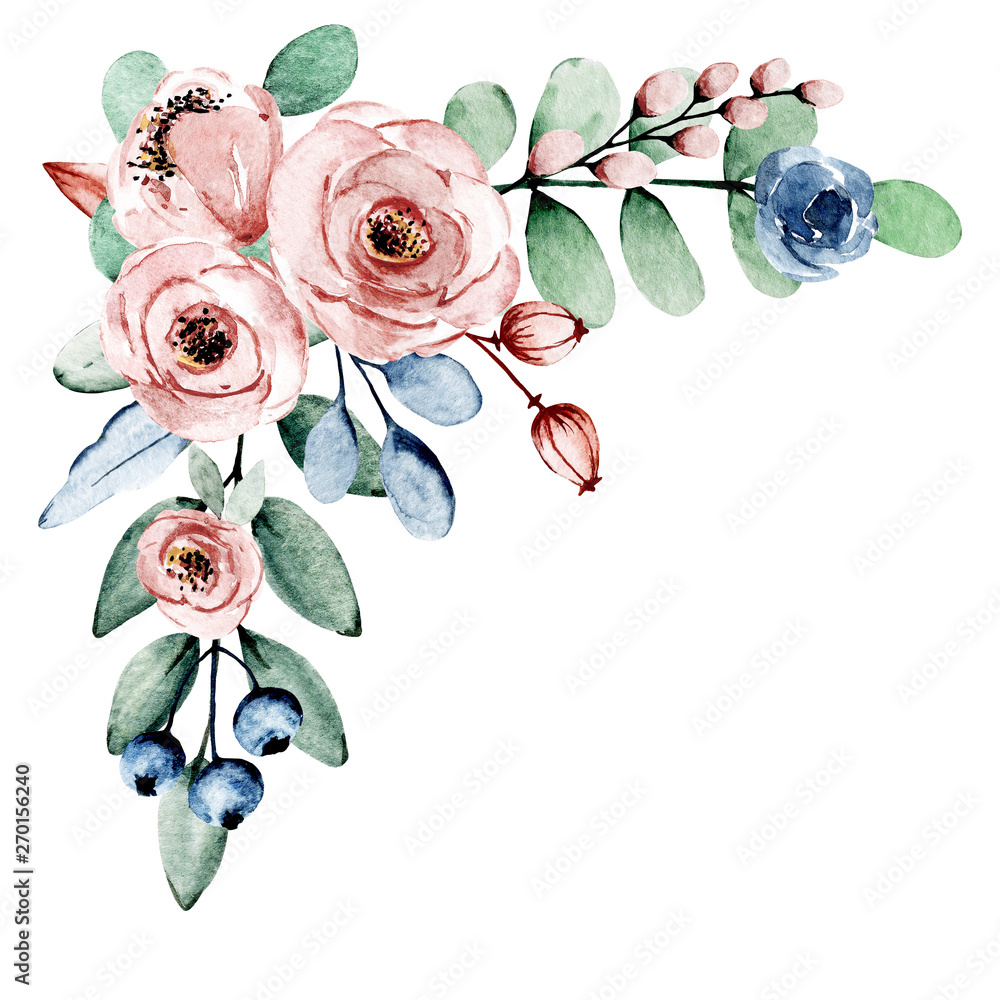 Elegant Watercolor Floral Clipart - Pink Roses & Blue Berries