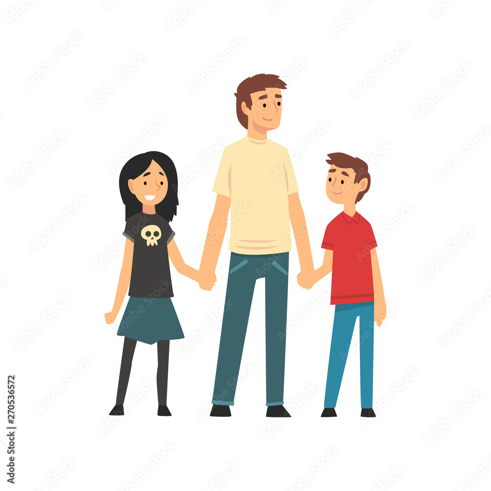 Happy Family Illustration - Father with Son and Daughter Holding Hands