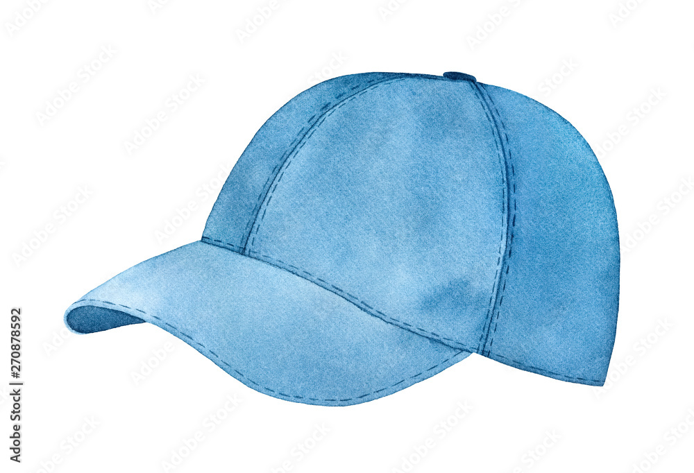 Watercolor illustration of a light blue baseball cap with visible stitching and curved brim, isolated on white background.