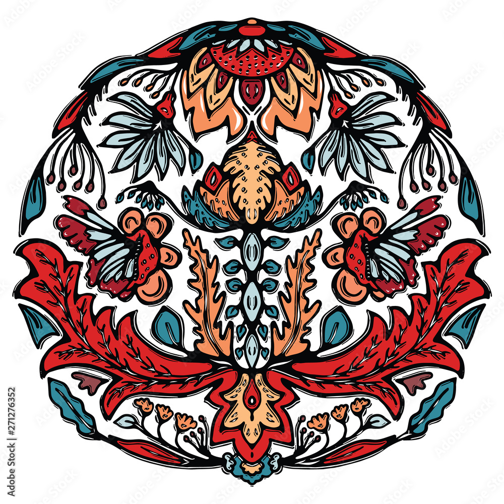 Vibrant circular floral mandala with red, teal, and orange motifs, symmetrical folk-art design on white background.