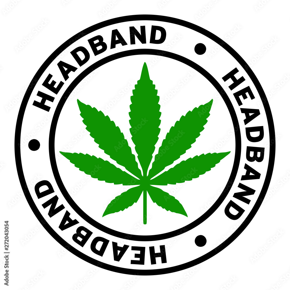 Circular logo with green cannabis leaf centered inside a black ring labeled "HEADBAND" three times.