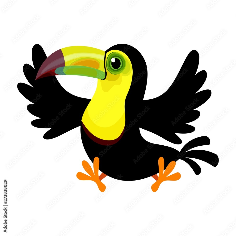 Colorful cartoon toucan with large multicolored beak, black body, yellow throat, and orange feet, wings spread wide.