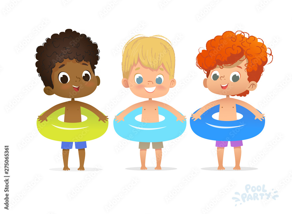 Three diverse cartoon boys holding colorful swim rings, smiling for a pool party.