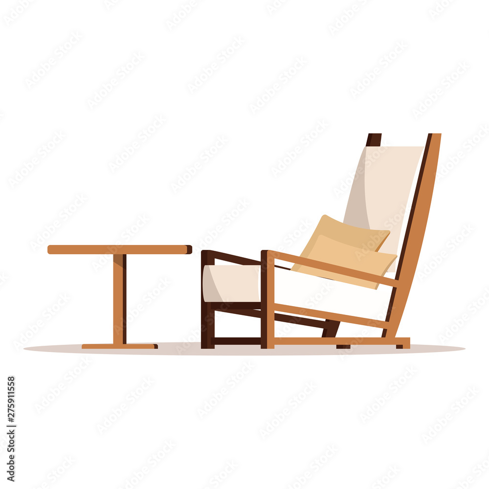 Modern wooden armchair with beige cushions and matching side table on white background.