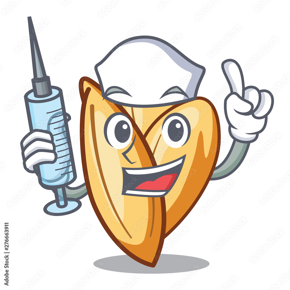 Cheerful cartoon pistachio nut dressed as a nurse holding a syringe and pointing upward.