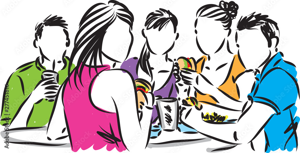 Five stylized people sharing food and drinks at a table, illustrated in bold black lines with vibrant color accents.