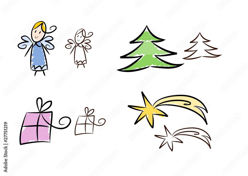 Hand-drawn Christmas icons: angels, trees, gifts, and shooting stars in colorful sketch style.