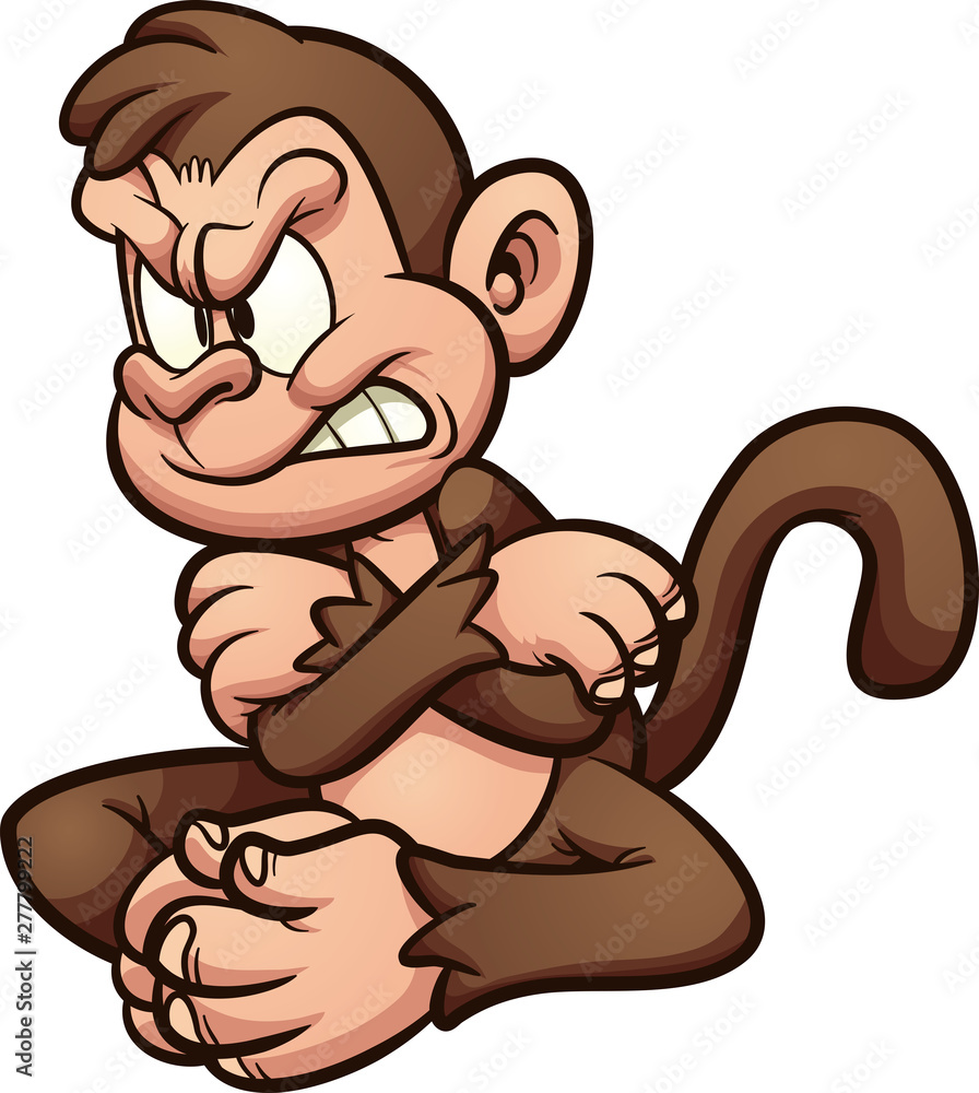 Angry cartoon monkey with crossed arms, furrowed brow, and bared teeth, sitting with a defiant expression.