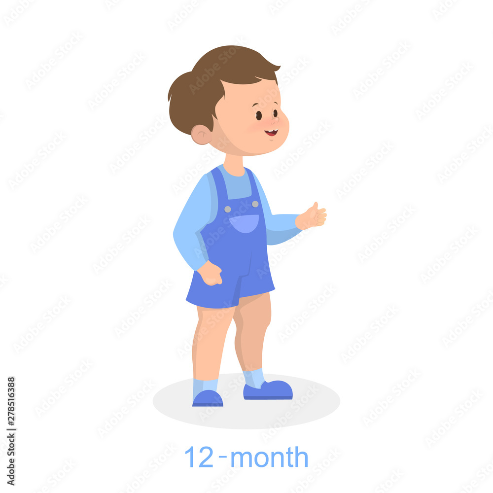 Smiling 12-month-old toddler in blue overalls standing and gesturing, cartoon illustration.