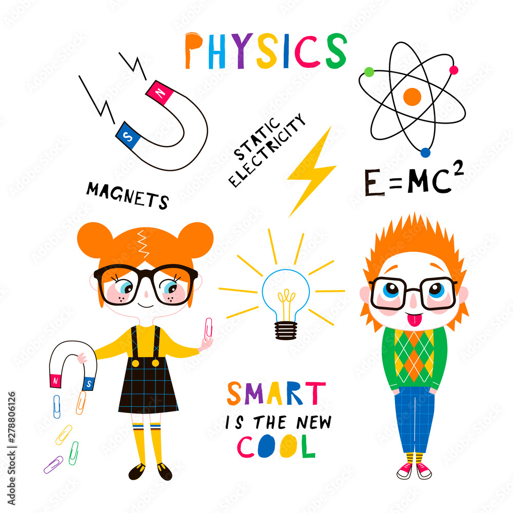 Colorful cartoon illustration of physics concepts including magnets, static electricity, atom, E=mc², lightbulb, and two smart kids.