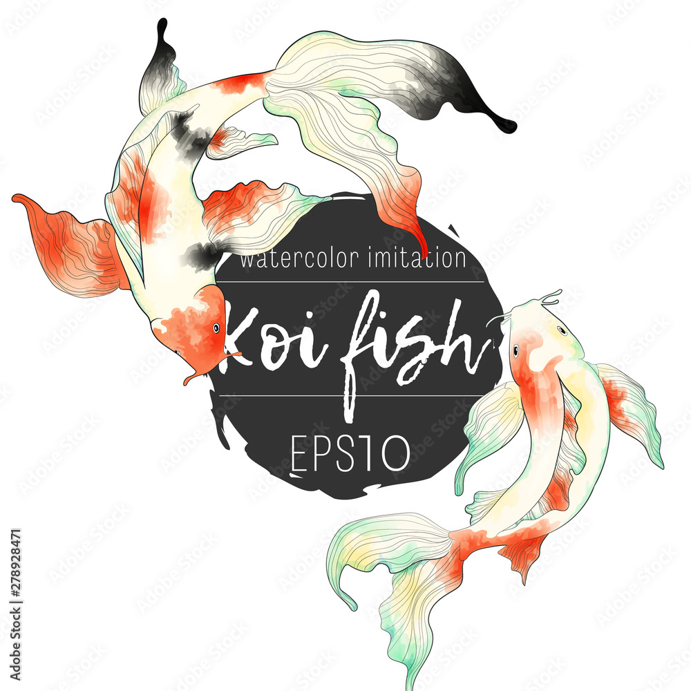 Watercolor-style koi fish illustration with orange, white, green, and black hues swirling around a central text circle.
