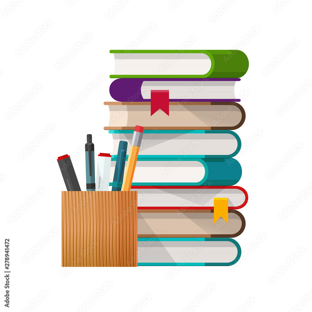 Stack of colorful books with bookmarks and a wooden pen holder containing pens and a pencil.