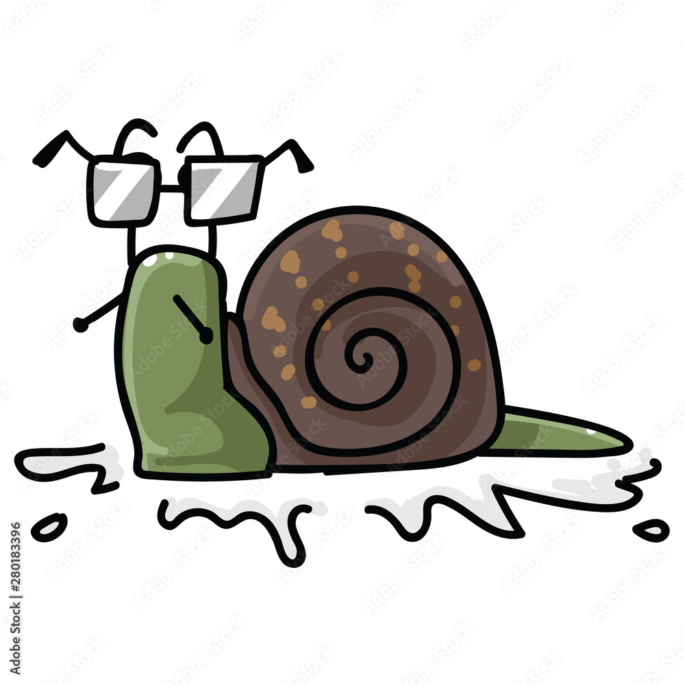 A cartoon snail wearing square glasses, with a brown spotted shell and green body, leaving a slimy trail.