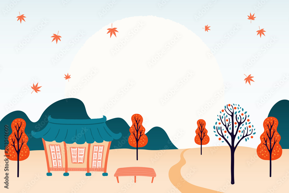 Traditional Korean hanok house in autumn with falling maple leaves, colorful trees, and a winding path under a large moon.