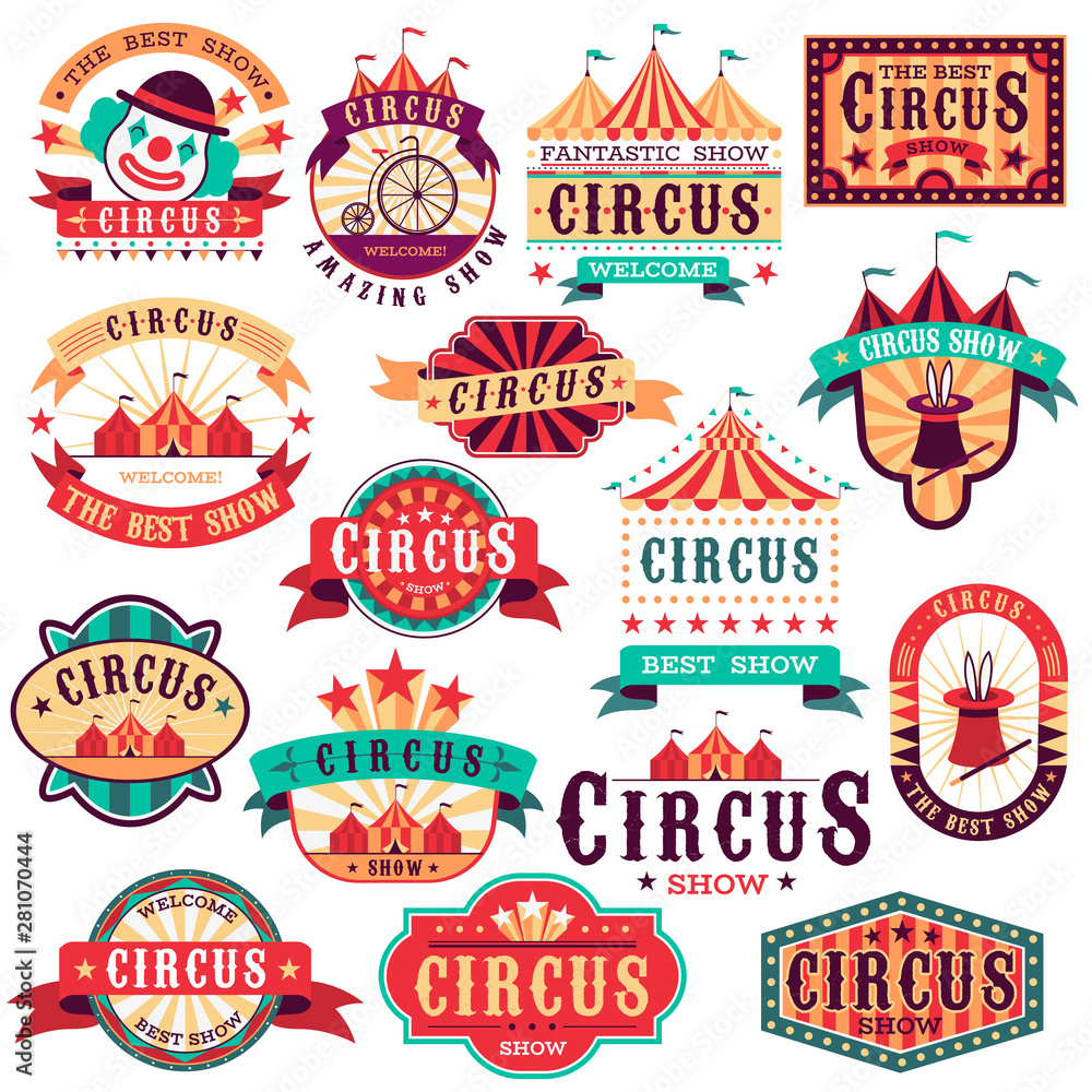 Collection of vintage-style circus logos and badges featuring tents, clowns, stars, and ribbons in retro color schemes.