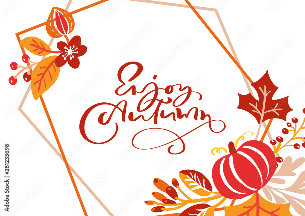 Autumn-themed decorative frame with "Enjoy Autumn" calligraphy, pumpkins, leaves, berries, and flowers in warm reds and oranges.