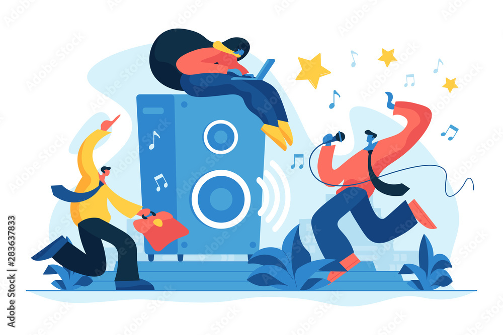 Three stylized people celebrating with music: one on a speaker using a laptop, one dancing with a mic, and one running with a briefcase.