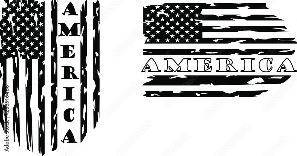 Distressed black-and-white American flag designs with "AMERICA" text, vertical and horizontal layouts.