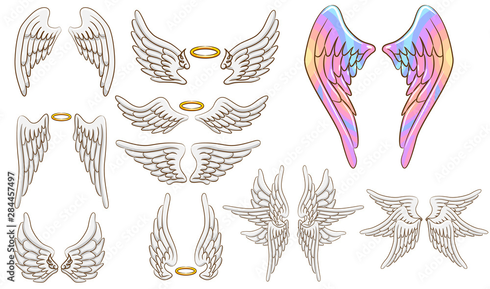 Collection of angel wing illustrations in various styles including white, feathered, and iridescent designs with halos.