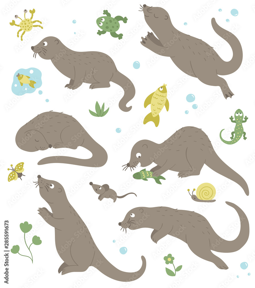 Cute cartoon otters swimming and playing with fish, frogs, crabs, snails, and other pond creatures in a cheerful aquatic scene.