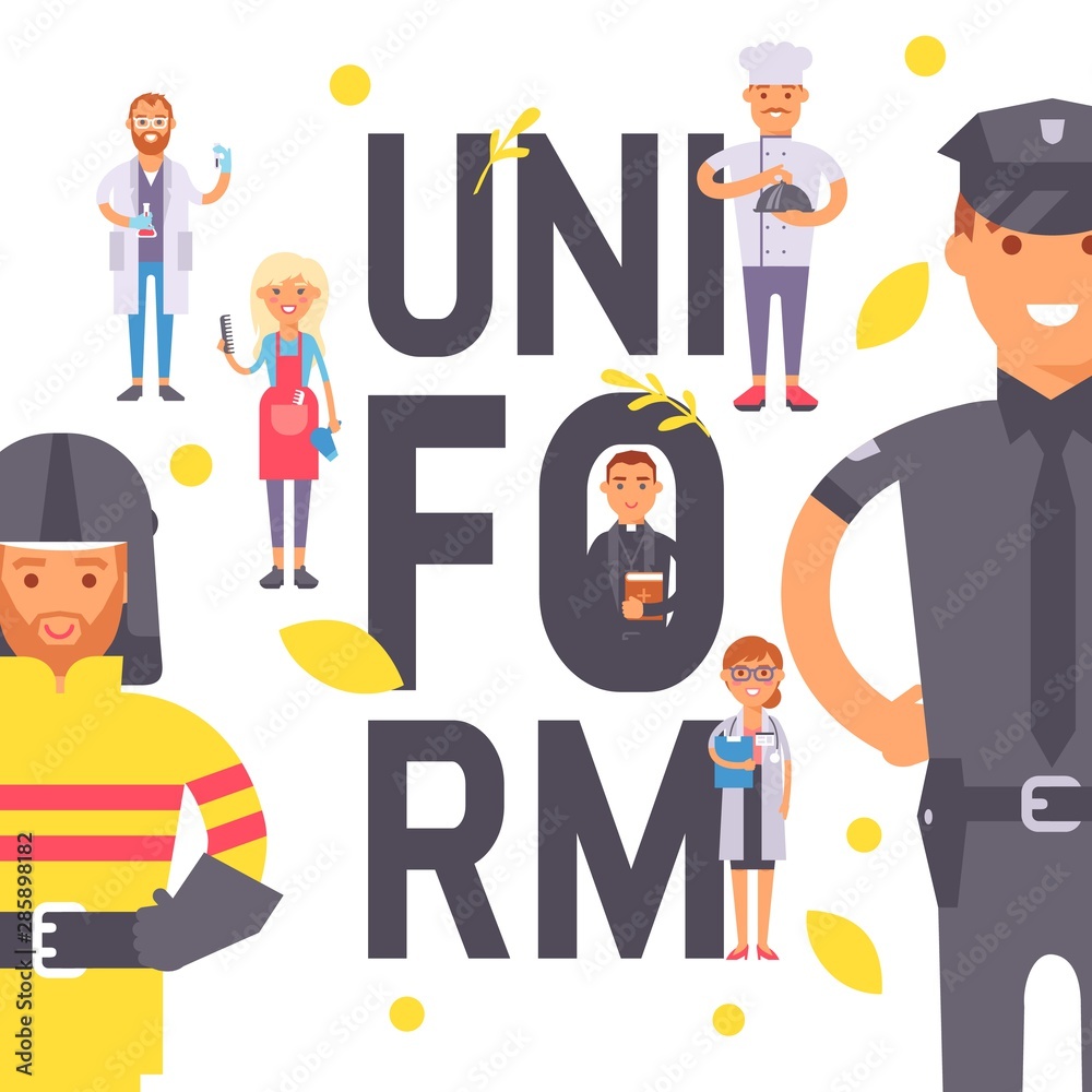 Flat illustration of diverse professionals in uniforms-doctor, chef, police officer, firefighter, nurse, priest, hairdresser, and knight-around bold "UNIFORM" text.