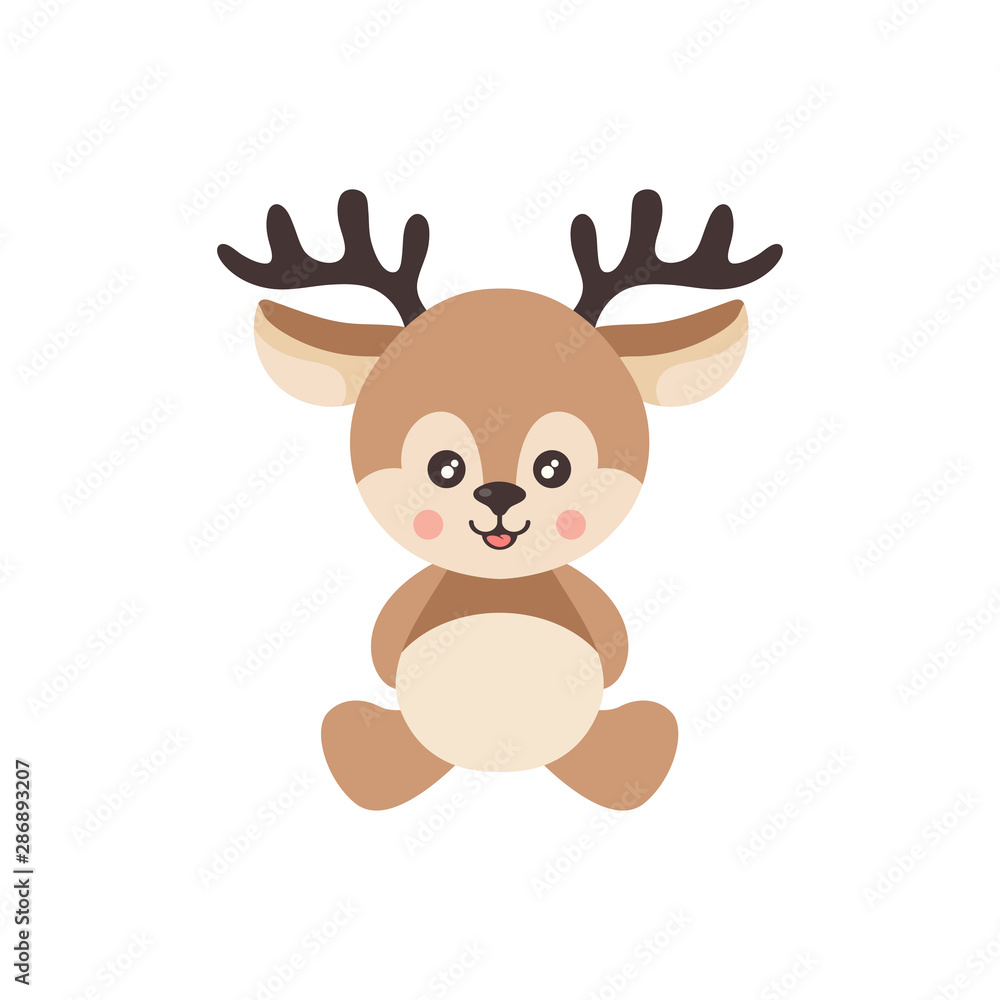 Cute cartoon baby deer with small antlers, rosy cheeks, and a smiling face, sitting upright on white background.