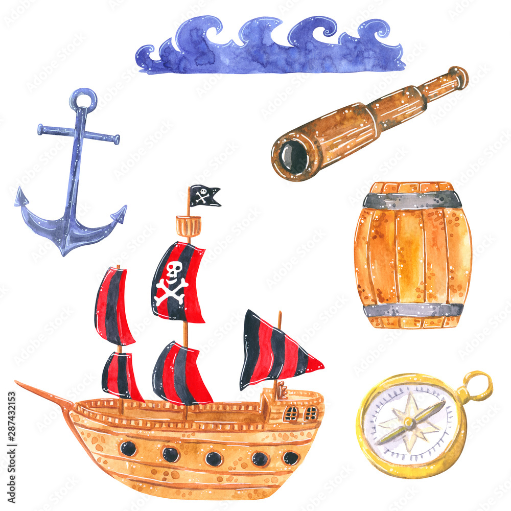 Watercolor pirate ship with skull-and-crossbones sails, anchor, spyglass, barrel, compass, and ocean waves.