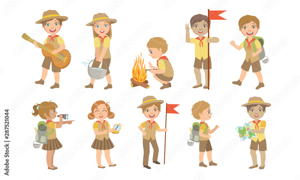 Ten cheerful scout children in uniforms performing outdoor activities like camping, hiking, playing guitar, and using a compass.