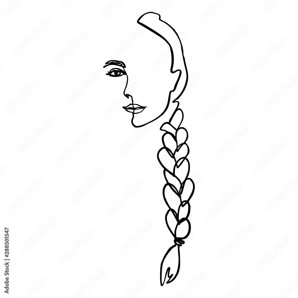 Minimalist black-and-white line drawing of a woman’s profile with a long braided ponytail.