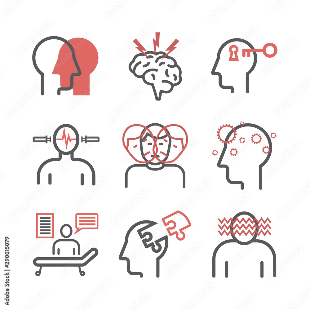 Nine mental health and neurology icons showing brain activity, emotional states, therapy, and cognitive challenges.
