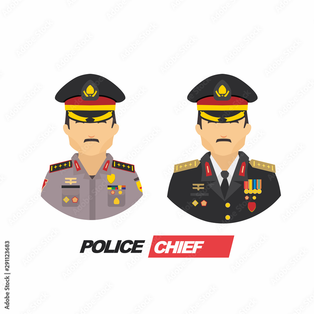Two illustrated police chief portraits in gray and black uniforms with insignia and medals.